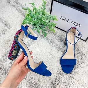 Nine West Abrah Blue Suede Shoes Aztec Block Heels Open Toe Size 9